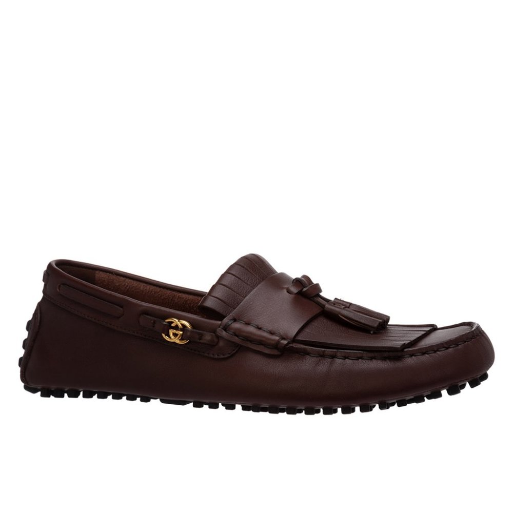 Gucci Men's Interlocking GG Fringe Leather Loafer Mocassin Brown